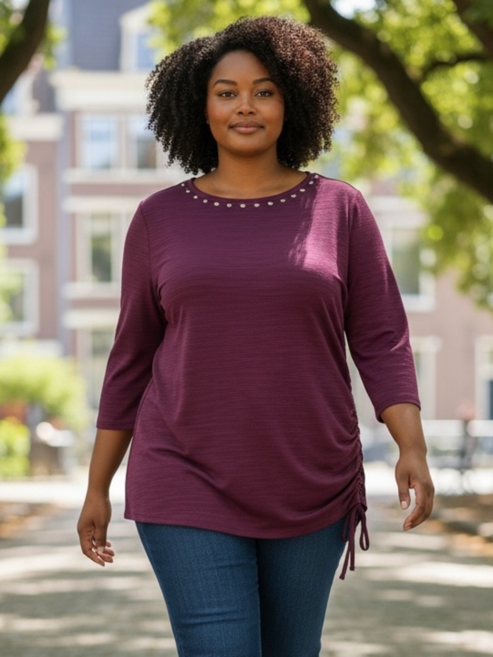 Ruby Rd. Plum Studded Neck 3/4 Sleeve Side-Ruch Top